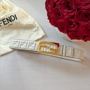 100% Authentic Fendi White Leather Puffy FF Logo Monogram Belt